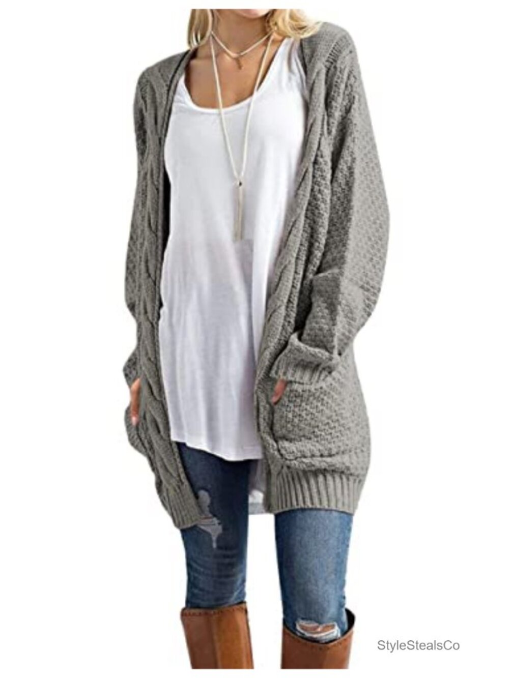 Women's Long Open Front Cardigan Lightweight Knit Sweater with Pockets